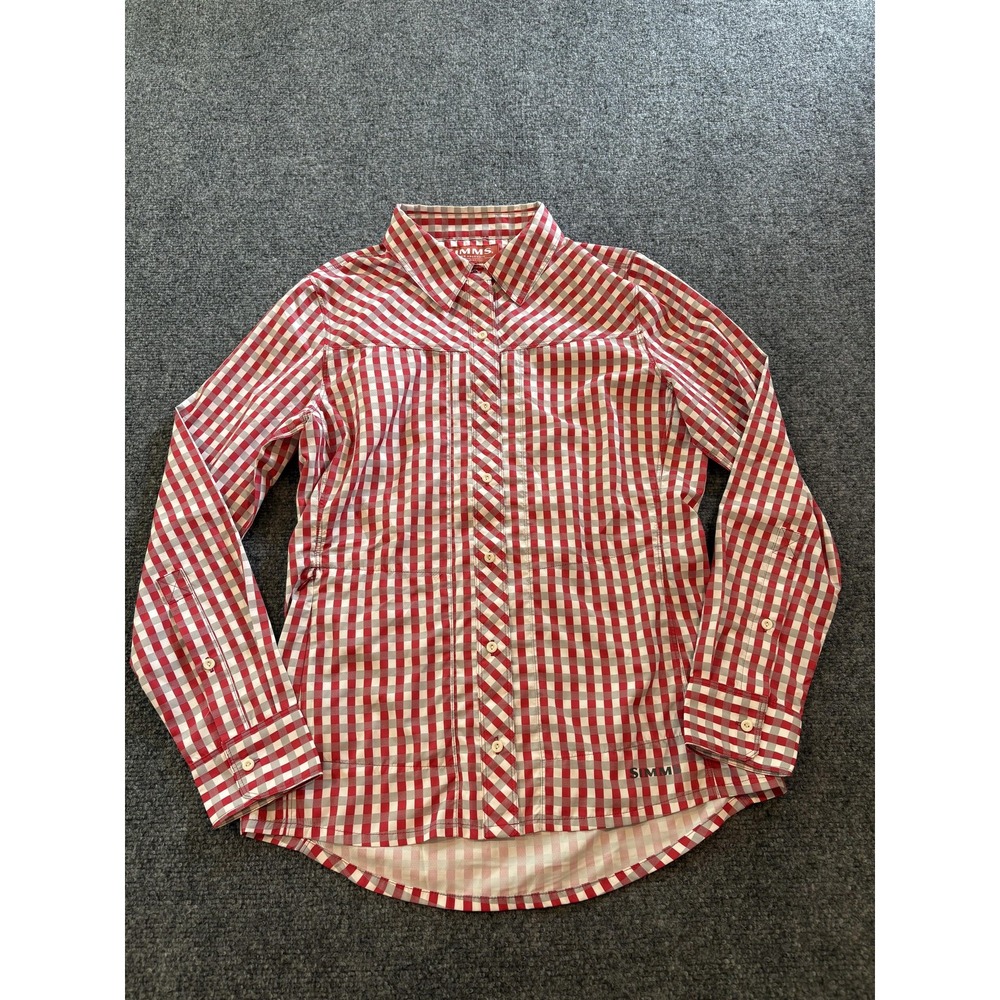Simms Shirt Women's Small Red White Plaid Long Sleeve Fishing Outdoor Polyester